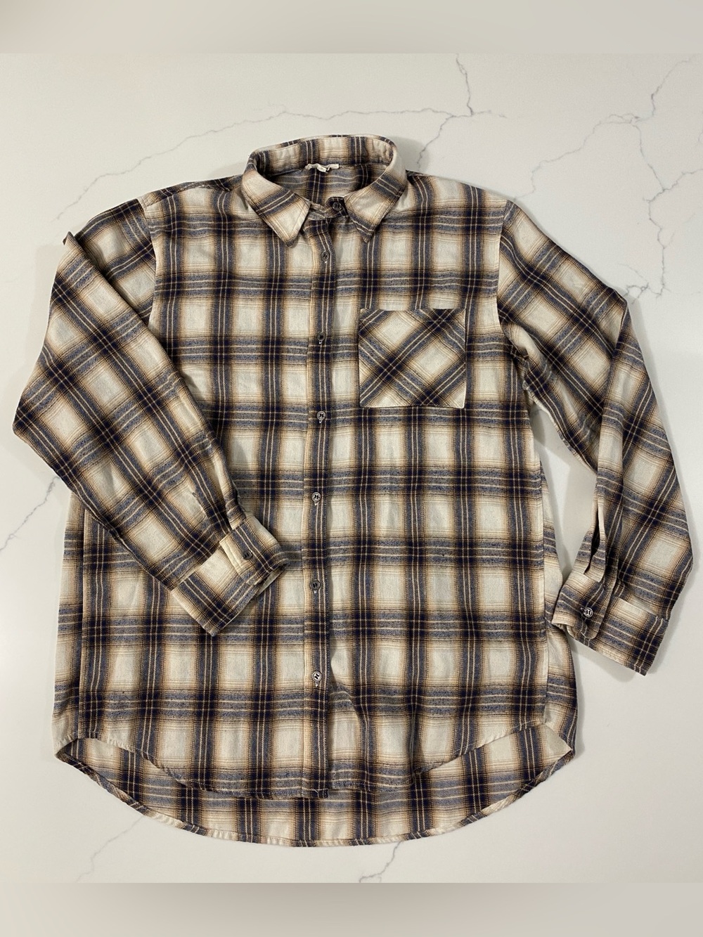 LA MIEL Men's Plaid Button-Down Shirt in Cream and Navy Size S